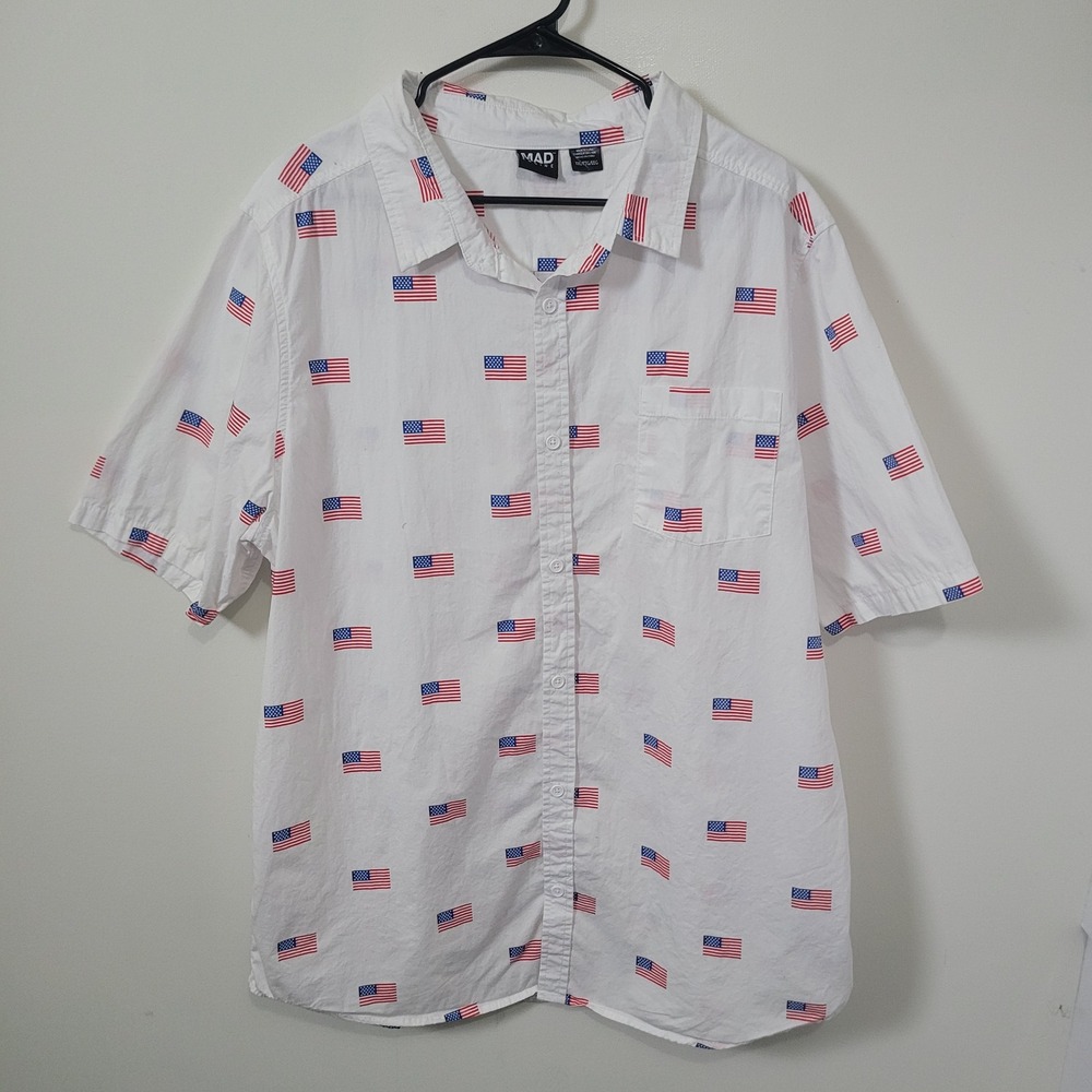Mad Engine XXL Button Down Shirt White American Flag Print Short Sleeve Cotton - Picture 1 of 8